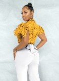 Women Summer Yellow Sexy Turtleneck Puff Sleeve Solid Hollow Out Regular T-Shirt