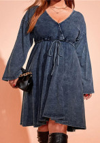 Women Autumn Blue Casual V-neck Full Sleeves Solid Denim Belted Knee-Length A-line Plus Size Casual Dress