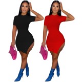 Women Summer Red Sexy O-Neck Short Sleeves Solid Ripped Mini Bodycon Dress