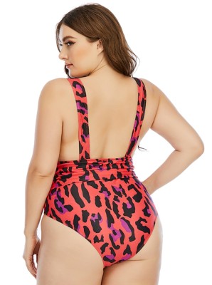 Women Red One-Piece V-Neck Leopard Print Folds Plus Size One Piece Swimwear