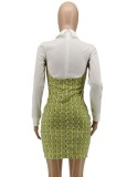 Women Autumn Green Formal Turn-down Collar Full Sleeves Patchwork Button Mini Straight Office Dress