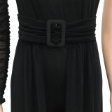Women Summer Black Romantic Slash Neck Full Sleeves Solid Mesh Ripped Full Length Regular Jumpsuit