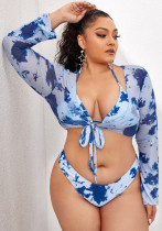 Women Blue Cover-Up Strap Printed Bow Plus Size Three Piece Swimwear