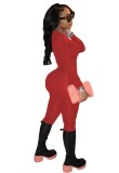 Women Autumn Red Casual Turtleneck Full Sleeves Solid Full Length Skinny Jumpsuit
