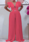 Women Summer Pink Romantic V-neck Short Sleeves Solid Pleated Full Length Loose Jumpsuit