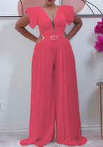 Women Summer Pink Romantic V-neck Short Sleeves Solid Pleated Full Length Loose Jumpsuit