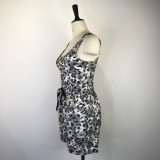 Women Summer Grey Casual Strap Sleeveless High Waist Leopard Print Pockets Regular Two Piece Shorts Set