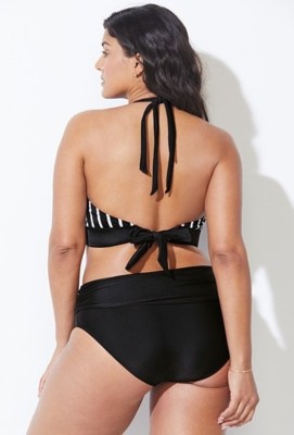 Women Black Bikini V-Neck Striped Print Lace Up Plus Size Two Piece Swimwear