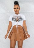 Women Summer White Casual O-Neck Short Sleeves High Waist Skulls Print PU Leather Lace Up Regular MiniTwo Piece Skirt Set