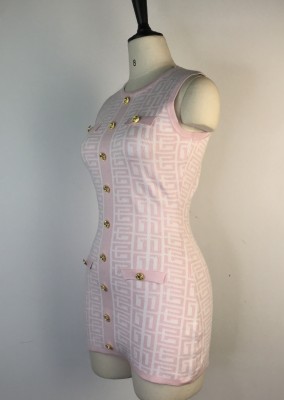 Women Summer Pink Casual O-Neck Sleeveless Printed Button Mini Bodycon Dress