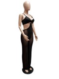 Women Summer Black Sexy Strap Sleeveless Patchwork Mesh Full Length Regular Jumpsuit