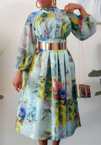 Women Autumn Green Romantic Turtleneck Full Sleeves Floral Print Pleated A-line Midi Dress