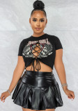 Women Summer Black Casual O-Neck Short Sleeves High Waist Skulls Print PU Leather Lace Up Regular MiniTwo Piece Skirt Set