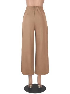 Women Autumn Khaki Wide Leg Pants High Waist Elastic Waist Solid Ankle-Length Loose Pants