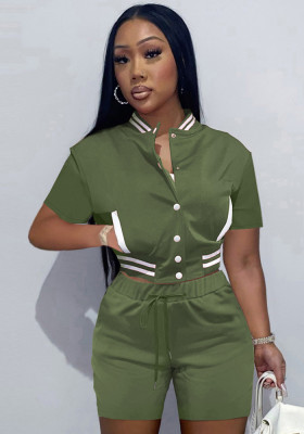 Women Summer Green Casual O-Neck Short Sleeves High Waist Striped Print Pockets Regular Two Piece Shorts Set