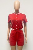 Women Summer Red Casual O-Neck Short Sleeves High Waist Striped Print Pockets Regular Two Piece Shorts Set