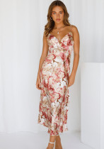 Women Summer Pink Romantic Strap Sleeveless Floral Print Maxi Dress