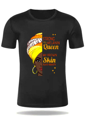 Women Summer Black Casual O-Neck Short Sleeves Character Print Regular T-Shirt
