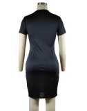 Women Summer Black Sexy O-Neck Short Sleeves Solid Ripped Mini Bodycon Dress