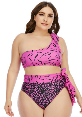 Women Pink TIE-FRONT Slash Neck Printed Plus Size Two Piece Swimwear