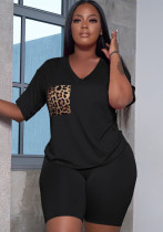 Women Summer Black Casual V-neck Short Sleeves High Waist Leopard Print Pockets Regular Two Piece Shorts Set