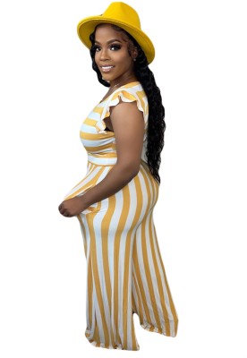 Women Summer Yellow Casual O-Neck Short Sleeves High Waist Striped Print Ruffles Regular Two Piece Pants Set