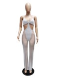 Women Summer White Sexy Strap Sleeveless Patchwork Mesh Full Length Regular Jumpsuit