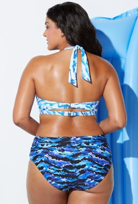 Women Blue Bikini Halter Printed Plus Size Two Piece Swimwear
