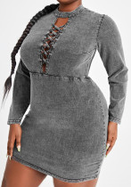 Women Summer Grey Casual O-Neck Full Sleeves Solid Denim Lace Up Mini Straight Plus Size Casual Dress