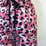Women Summer Pink Casual Strap Sleeveless High Waist Leopard Print Pockets Regular Two Piece Shorts Set