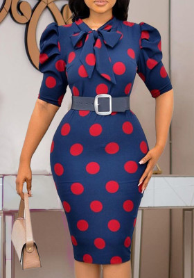 Women Summer Red Formal Turtleneck Half Sleeves Dot Print Belted Knee-Length Pencil Office Dress