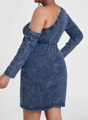 Women Autumn Blue Modest Slash Neck Full Sleeves Solid Denim Hollow Out Midi Straight Plus Size Casual Dress