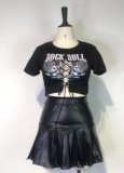 Women Summer Black Casual O-Neck Short Sleeves High Waist Skulls Print PU Leather Lace Up Regular MiniTwo Piece Skirt Set
