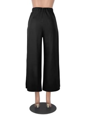 Women Autumn Black Wide Leg Pants High Waist Elastic Waist Solid Ankle-Length Loose Pants