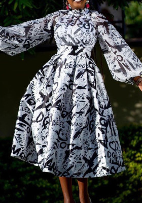 Women Autumn Black Romantic Turtleneck Full Sleeves Letter Print Ruffles Midi Skater Dress