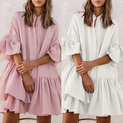 Women Summer Pink Sweet Stand Collar Half Sleeves Solid Cascading Ruffle Mini Fit and Flare Blouse Dress