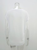 Women Summer White Casual O-Neck Short Sleeves Solid Pockets Regular T-Shirt