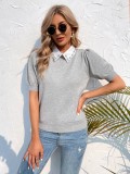 Women Summer Grey Cute Turn-down Collar Short Sleeves Solid Diamonds Regular T-Shirt