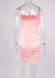 Women Summer Pink Modest Strap Sleeveless Solid Diamonds Mini Bodycon Dress