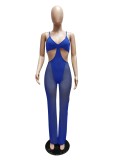 Women Summer Blue Sexy Strap Sleeveless Patchwork Mesh Full Length Regular Jumpsuit