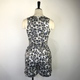 Women Summer Grey Casual Strap Sleeveless High Waist Leopard Print Pockets Regular Two Piece Shorts Set