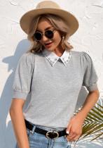 Women Summer Grey Cute Turn-down Collar Short Sleeves Solid Diamonds Regular T-Shirt