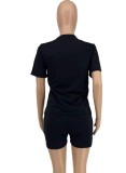 Women Summer Black Casual O-Neck Short Sleeves High Waist Letter Print Belted Regular Two Piece Shorts Set