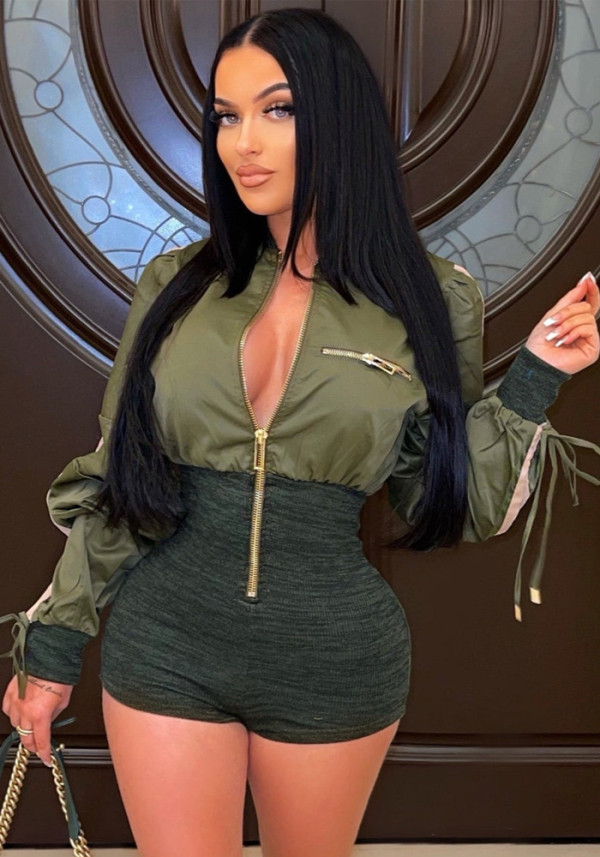Women Autumn Army Green Casual O-Neck Full Sleeves Color Blocking Zippers Short Skinny Jumpsuit
