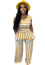 Women Summer Yellow Casual O-Neck Short Sleeves High Waist Striped Print Ruffles Regular Two Piece Pants Set
