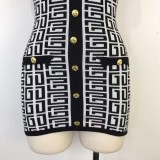Women Summer Black Casual O-Neck Sleeveless Printed Button Mini Bodycon Dress