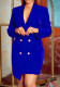 Women Autumn Blue Formal V-neck Full Sleeves Solid Button Mini Straight Office Dress