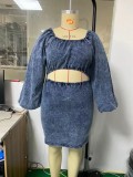 Women Summer Blue Modest Square Collar Full Sleeves Solid Denim Hollow Out Mini Straight Plus Size Casual Dress