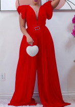 Women Summer Red Romantic V-neck Short Sleeves Solid Pleated Full Length Loose Jumpsuit