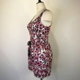 Women Summer Pink Casual Strap Sleeveless High Waist Leopard Print Pockets Regular Two Piece Shorts Set